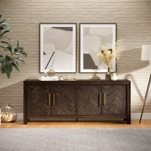 Jofran Gramercy Mid-Century Modern Chevron Four Door 79" Accent Cabinet in Dark Chevron Brown - Holmwood's Furniture & Design Center (Somersworth, NH)