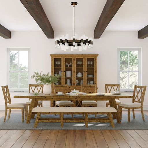 Jofran Telluride Rustic Distressed Pine 127" Trestle Dining Table with Two Extension Leaves in Gold - Holmwood's Furniture & Design Center (Somersworth, NH)