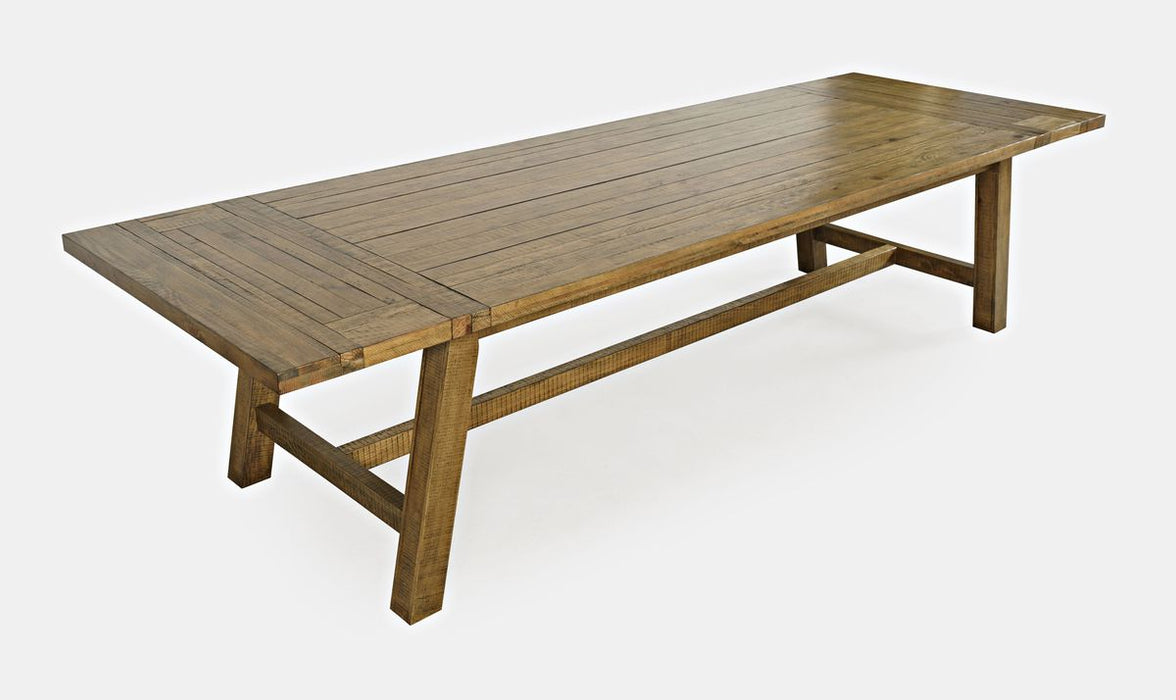 Jofran Telluride Rustic Distressed Pine 127" Trestle Dining Table with Two Extension Leaves in Gold - Holmwood's Furniture & Design Center (Somersworth, NH)