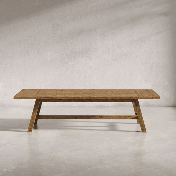 Jofran Telluride Rustic Distressed Pine 127" Trestle Dining Table with Two Extension Leaves in Gold - Holmwood's Furniture & Design Center (Somersworth, NH)