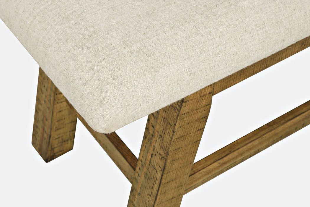 Jofran Telluride Rustic Distressed Pine 85" Upholstered Dining Bench in Gold - Holmwood's Furniture & Design Center (Somersworth, NH)