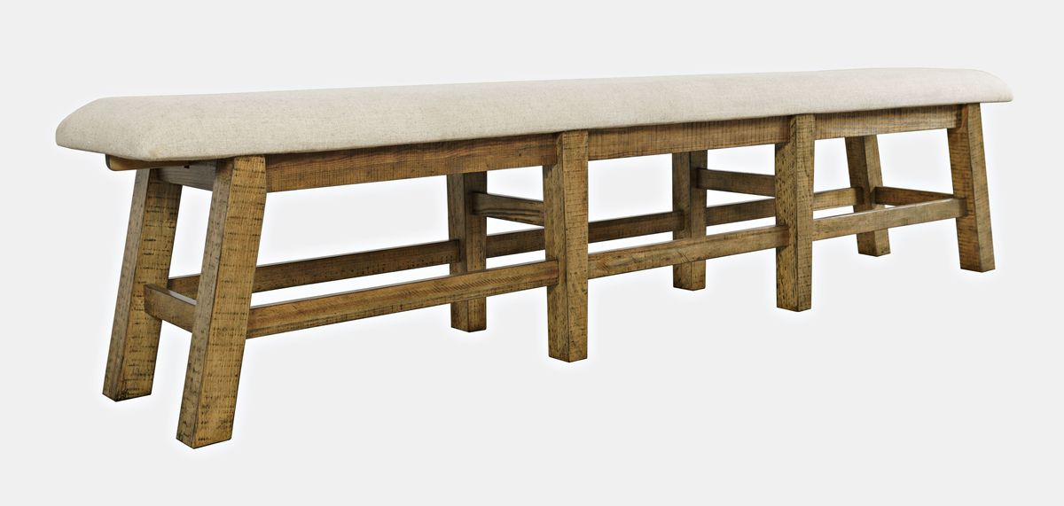 Jofran Telluride Rustic Distressed Pine 85" Upholstered Dining Bench in Gold - Holmwood's Furniture & Design Center (Somersworth, NH)