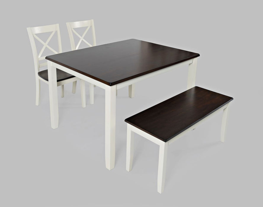 Jofran Asbury Park Solid Acacia Farmhouse 4-Pack Dining Set - Table with 2 Chairs and Bench in White - Holmwood's Furniture & Design Center (Somersworth, NH)