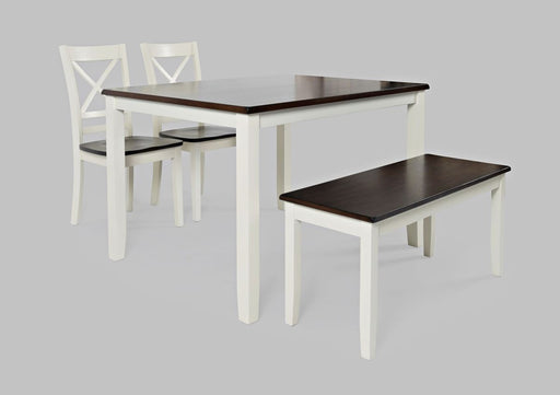 Jofran Asbury Park Solid Acacia Farmhouse 4-Pack Dining Set - Table with 2 Chairs and Bench in White image