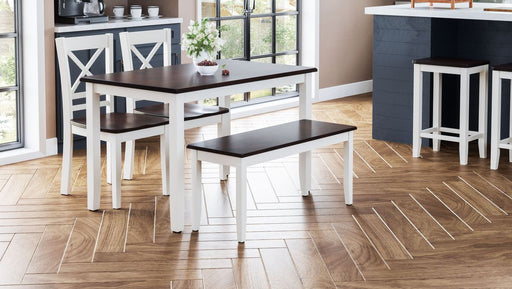 Jofran Asbury Park Solid Acacia Farmhouse 4-Pack Dining Set - Table with 2 Chairs and Bench in White - Holmwood's Furniture & Design Center (Somersworth, NH)