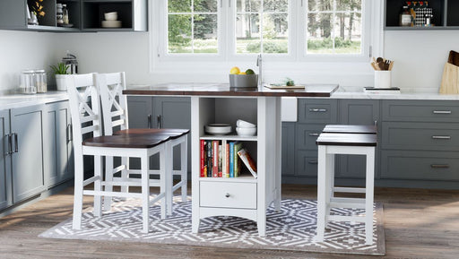 Jofran Asbury Park Solid Acacia Farmhouse Storage Counter Drop Leaf Dining Table with Storage and Wine Rack in White - Holmwood's Furniture & Design Center (Somersworth, NH)