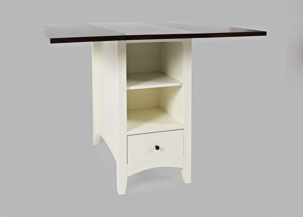 Jofran Asbury Park Solid Acacia Farmhouse Storage Counter Drop Leaf Dining Table with Storage and Wine Rack in White - Holmwood's Furniture & Design Center (Somersworth, NH)