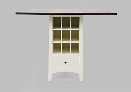 Jofran Asbury Park Solid Acacia Farmhouse Storage Counter Drop Leaf Dining Table with Storage and Wine Rack in White image