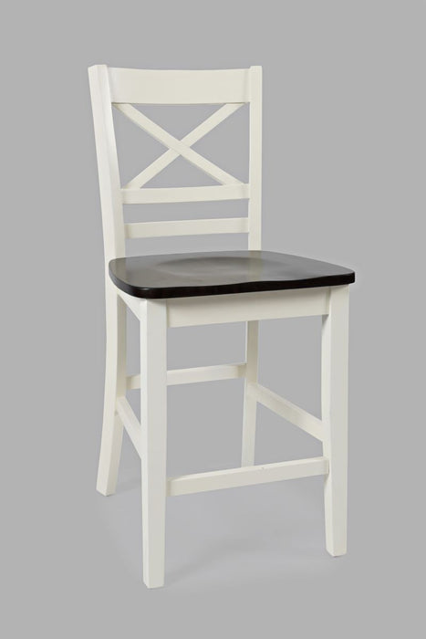 Jofran Asbury Park Solid Acacia Farmhouse 4-Pack Counter Height Dining Set - Table with 2 Stools and Bench in White - Holmwood's Furniture & Design Center (Somersworth, NH)