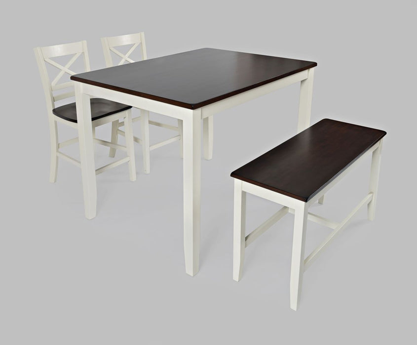 Jofran Asbury Park Solid Acacia Farmhouse 4-Pack Counter Height Dining Set - Table with 2 Stools and Bench in White - Holmwood's Furniture & Design Center (Somersworth, NH)