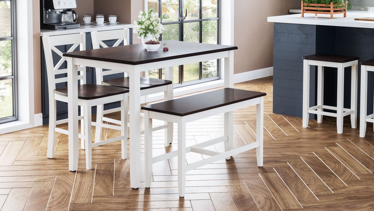 Jofran Asbury Park Solid Acacia Farmhouse 4-Pack Counter Height Dining Set - Table with 2 Stools and Bench in White - Holmwood's Furniture & Design Center (Somersworth, NH)