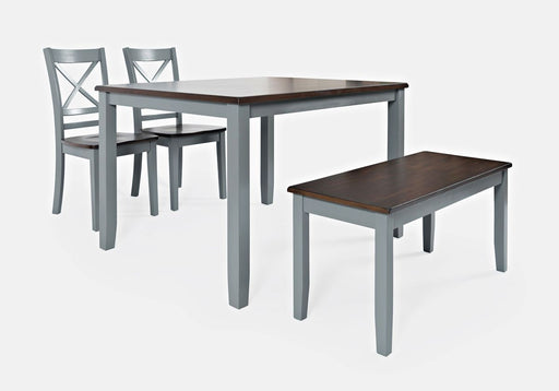 Jofran Asbury Park Solid Acacia Farmhouse 4-Pack Dining Set - Table with 2 Chairs and Bench in Grey image