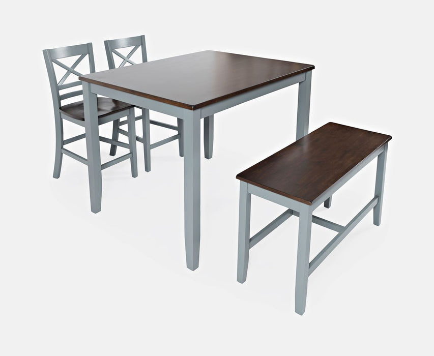 Jofran Asbury Park Solid Acacia Farmhouse 4-Pack Counter Height Dining Set - Table with 2 Stools and Bench in Grey - Holmwood's Furniture & Design Center (Somersworth, NH)
