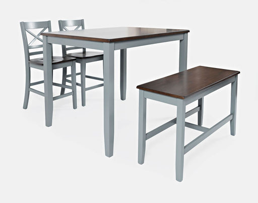 Jofran Asbury Park Solid Acacia Farmhouse 4-Pack Counter Height Dining Set - Table with 2 Stools and Bench in Grey image