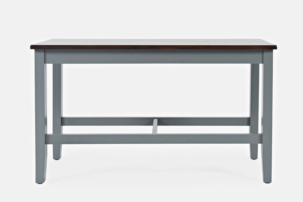 Jofran Asbury Park Solid Acacia Farmhouse 4-Pack Counter Height Dining Set - Table with 2 Stools and Bench in Grey - Holmwood's Furniture & Design Center (Somersworth, NH)