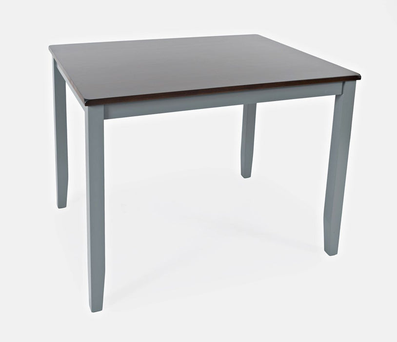 Jofran Asbury Park Solid Acacia Farmhouse 4-Pack Counter Height Dining Set - Table with 2 Stools and Bench in Grey - Holmwood's Furniture & Design Center (Somersworth, NH)