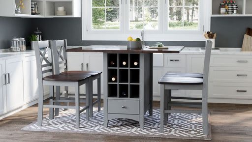 Jofran Asbury Park Solid Acacia Farmhouse Storage Counter Drop Leaf Dining Table with Storage and Wine Rack in Grey - Holmwood's Furniture & Design Center (Somersworth, NH)