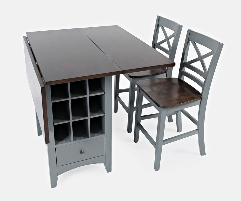 Jofran Asbury Park Solid Acacia Farmhouse Storage Counter Drop Leaf Dining Table with Storage and Wine Rack in Grey - Holmwood's Furniture & Design Center (Somersworth, NH)