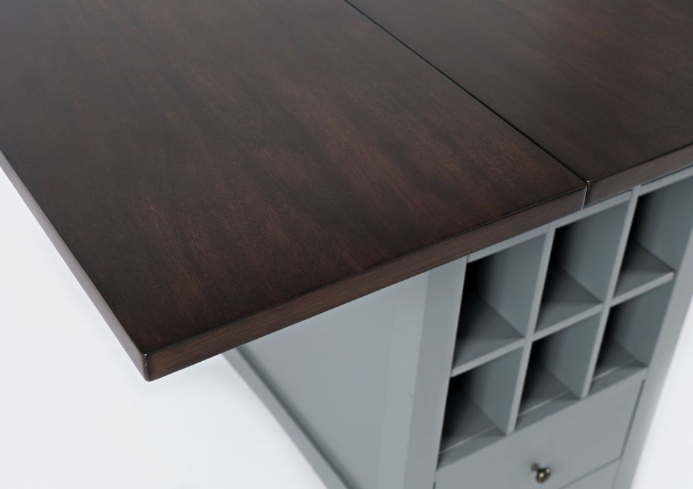 Jofran Asbury Park Solid Acacia Farmhouse Storage Counter Drop Leaf Dining Table with Storage and Wine Rack in Grey - Holmwood's Furniture & Design Center (Somersworth, NH)