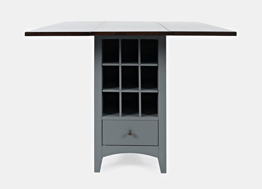 Jofran Asbury Park Solid Acacia Farmhouse Storage Counter Drop Leaf Dining Table with Storage and Wine Rack in Grey image