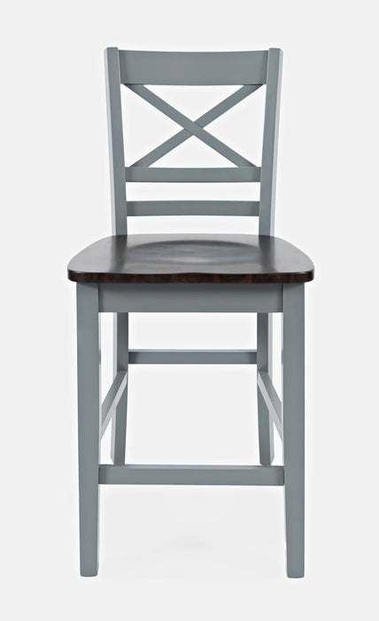 Jofran Asbury Park Solid Acacia Farmhouse 4-Pack Counter Height Dining Set - Table with 2 Stools and Bench in Grey - Holmwood's Furniture & Design Center (Somersworth, NH)