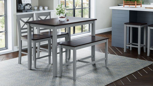 Jofran Asbury Park Solid Acacia Farmhouse 4-Pack Counter Height Dining Set - Table with 2 Stools and Bench in Grey - Holmwood's Furniture & Design Center (Somersworth, NH)