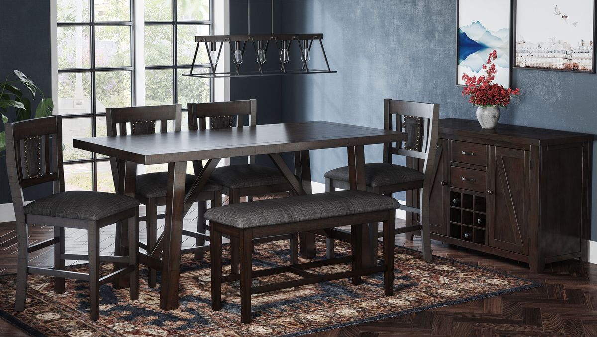 Jofran American Rustics 72" Counter Height Distressed Acacia Trestle Dining Table in Rustic Brown - Holmwood's Furniture & Design Center (Somersworth, NH)