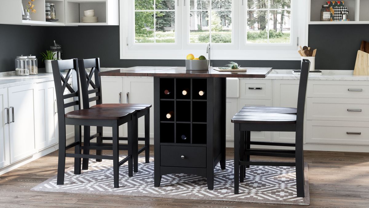 Jofran Asbury Park Solid Acacia Farmhouse Storage Counter Drop Leaf Dining Table with Storage and Wine Rack in Black - Holmwood's Furniture & Design Center (Somersworth, NH)