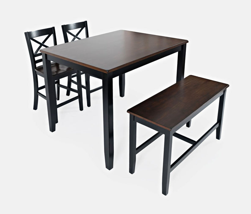 Jofran Asbury Park Solid Acacia Farmhouse 4-Pack Counter Height Dining Set - Table with 2 Stools and Bench in Black - Holmwood's Furniture & Design Center (Somersworth, NH)