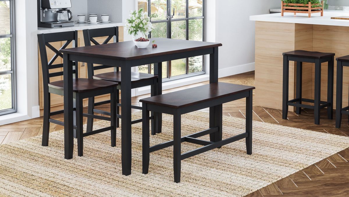 Jofran Asbury Park Solid Acacia Farmhouse 4-Pack Counter Height Dining Set - Table with 2 Stools and Bench in Black - Holmwood's Furniture & Design Center (Somersworth, NH)