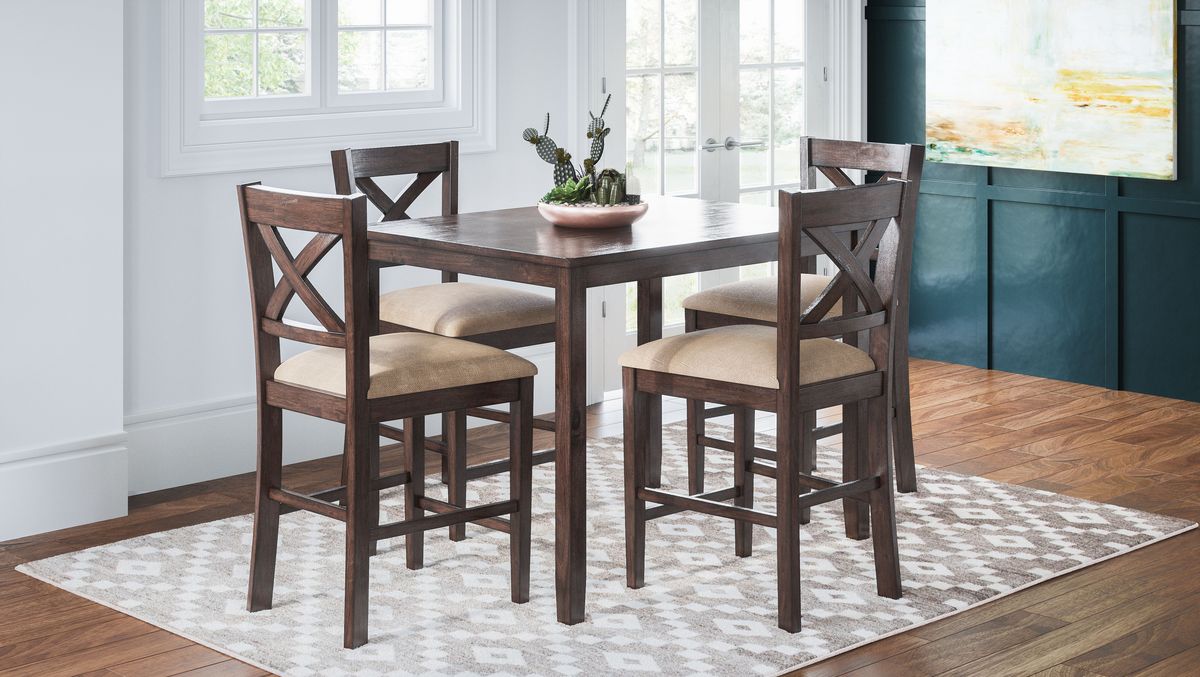 Jofran Walnut Creek 5 Pack Dining Set - Counter Height Table with 4 Stools in Medium Brown Walnut - Holmwood's Furniture & Design Center (Somersworth, NH)