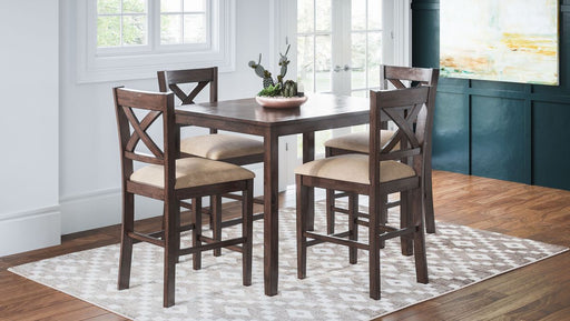 Jofran Walnut Creek 5 Pack Dining Set - Counter Height Table with 4 Stools in Medium Brown Walnut - Holmwood's Furniture & Design Center (Somersworth, NH)