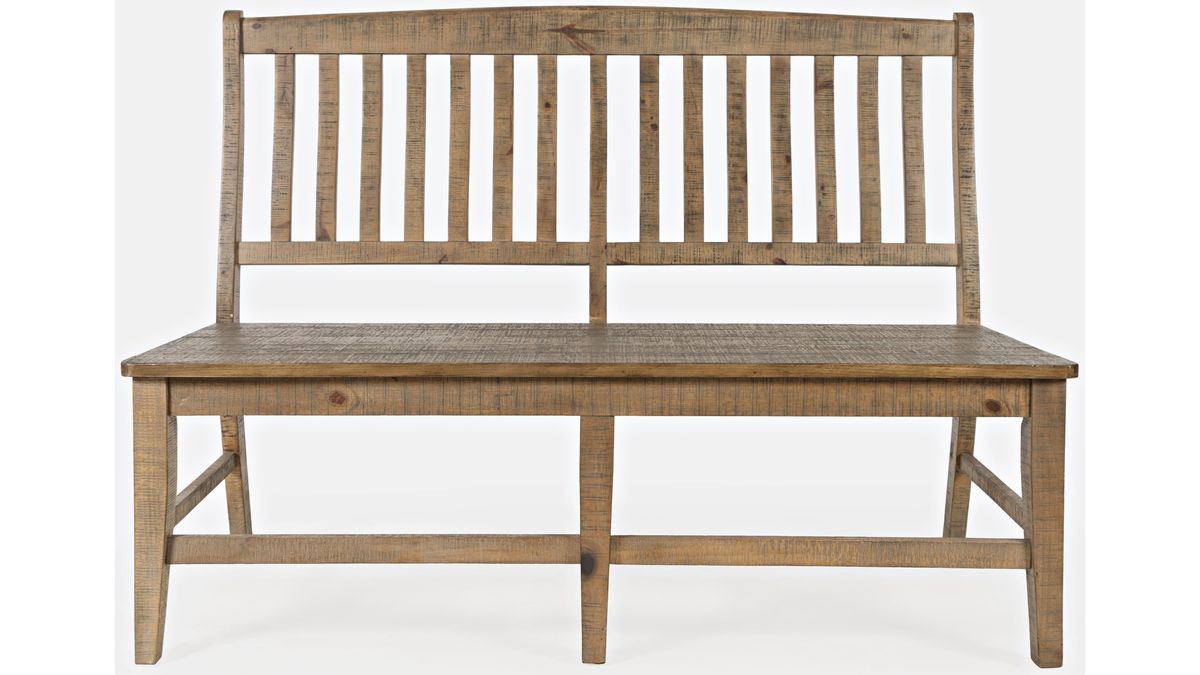 Jofran Carlyle Crossing Slatback Dining Bench in Rustic Distressed Pine - Holmwood's Furniture & Design Center (Somersworth, NH)
