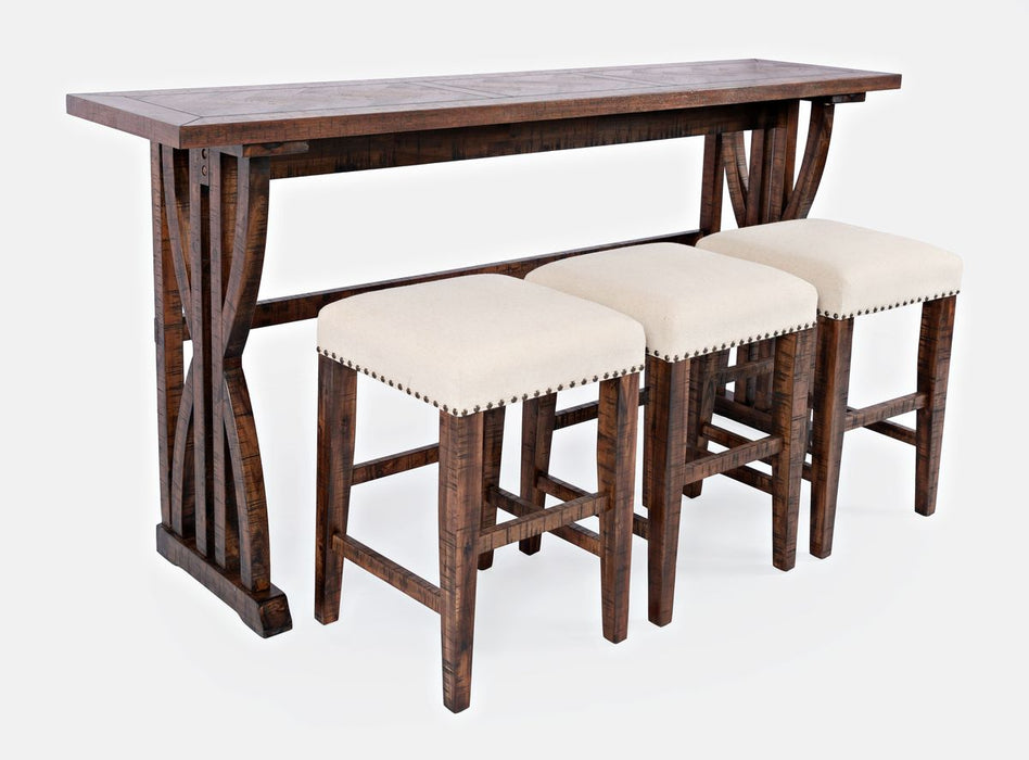 Jofran Fairview Transitional Herringbone Counter Height Four Piece Console 74" Dining Table Set in Oak - Holmwood's Furniture & Design Center (Somersworth, NH)