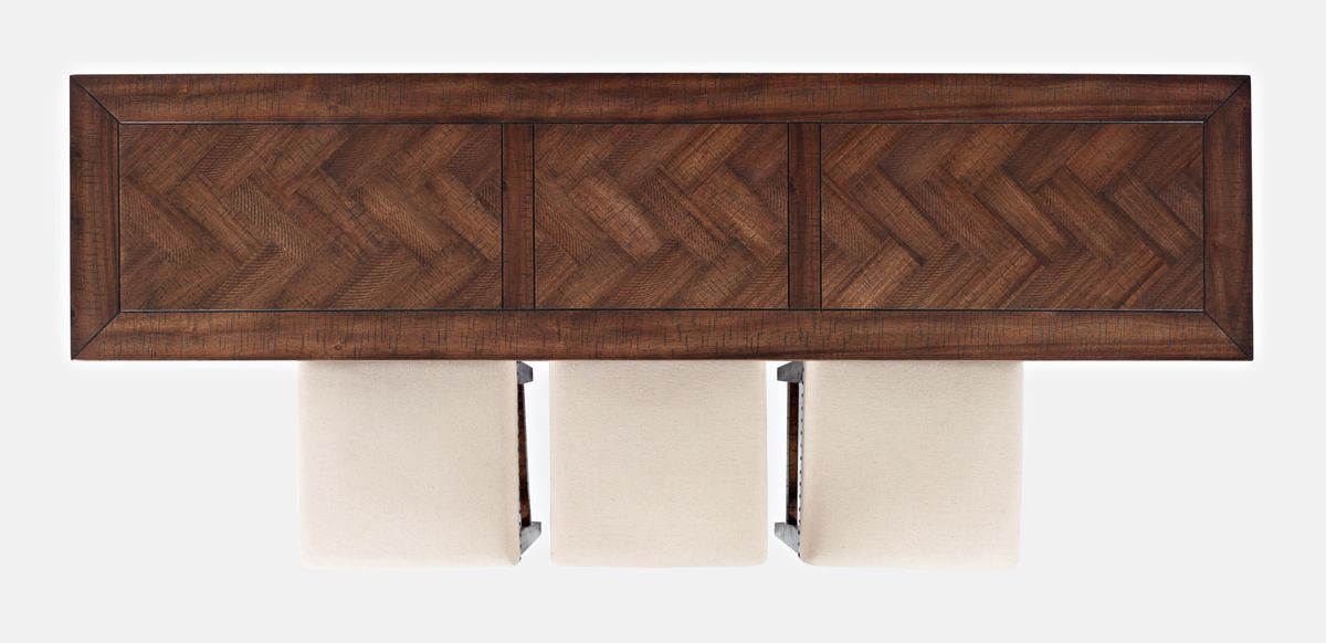 Jofran Fairview Transitional Herringbone Counter Height Four Piece Console 74" Dining Table Set in Oak - Holmwood's Furniture & Design Center (Somersworth, NH)