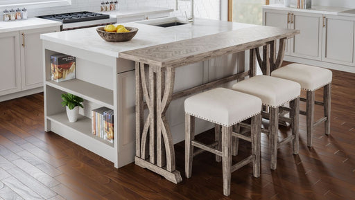Jofran Fairview Transitional Herringbone Counter Height Four Piece Console 74" Dining Table Set in Ash - Holmwood's Furniture & Design Center (Somersworth, NH)