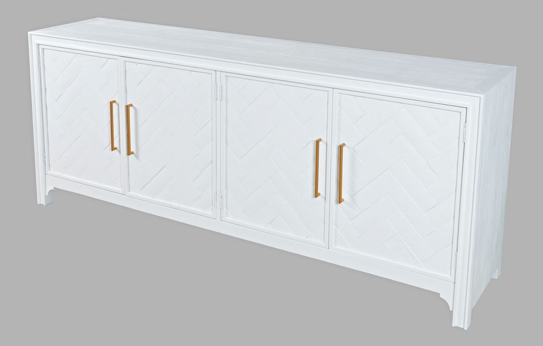 Jofran Gramercy Mid-Century Modern Chevron Four Door 79" Accent Cabinet in Blanc - Holmwood's Furniture & Design Center (Somersworth, NH)