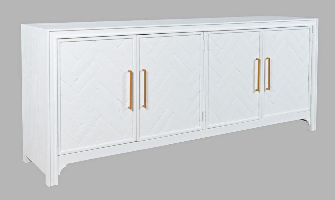 Jofran Gramercy Mid-Century Modern Chevron Four Door 79" Accent Cabinet in Blanc - Holmwood's Furniture & Design Center (Somersworth, NH)