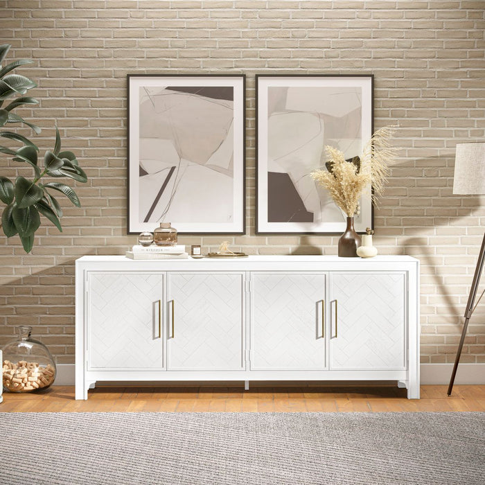 Jofran Gramercy Mid-Century Modern Chevron Four Door 79" Accent Cabinet in Blanc - Holmwood's Furniture & Design Center (Somersworth, NH)
