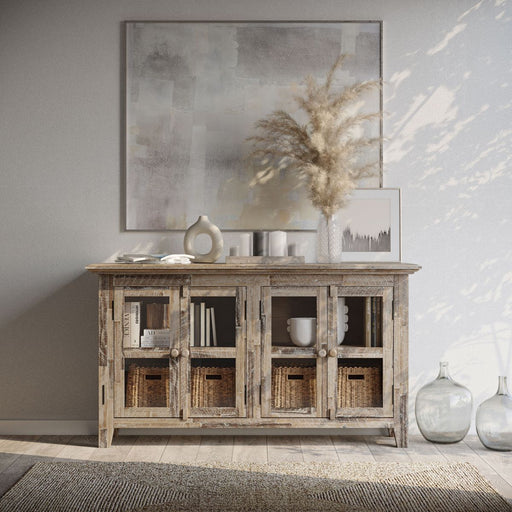 Jofran Rustic Shores 54" Coastal Distressed Acacia Four-Door Credenza Cabinet in Grey Wash - Holmwood's Furniture & Design Center (Somersworth, NH)