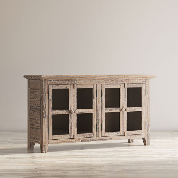 Jofran Rustic Shores 54" Coastal Distressed Acacia Four-Door Credenza Cabinet in Grey Wash - Holmwood's Furniture & Design Center (Somersworth, NH)