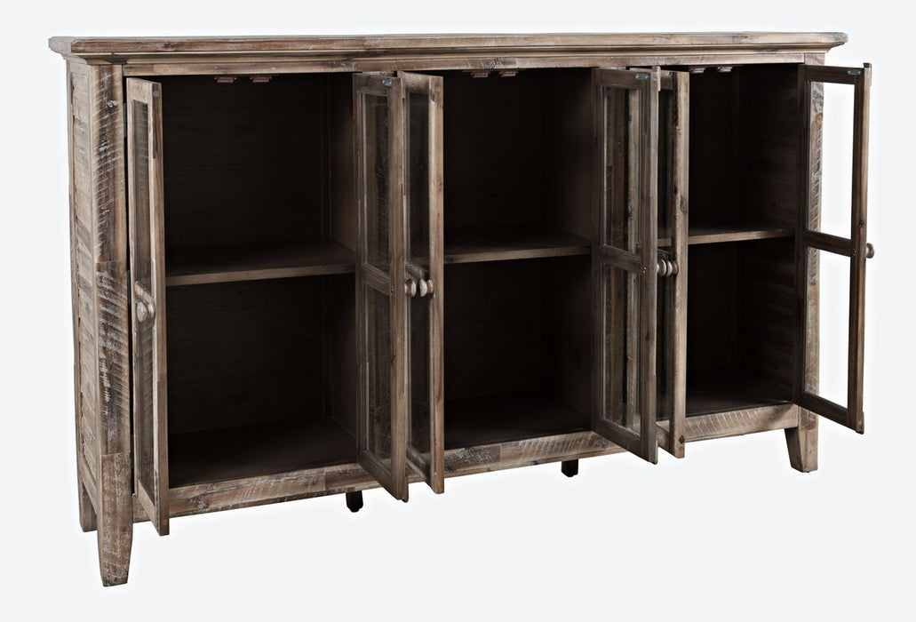 Jofran Rustic Shores 70" Coastal Distressed Acacia Six-Door Accent Cabinet in Grey Wash - Holmwood's Furniture & Design Center (Somersworth, NH)