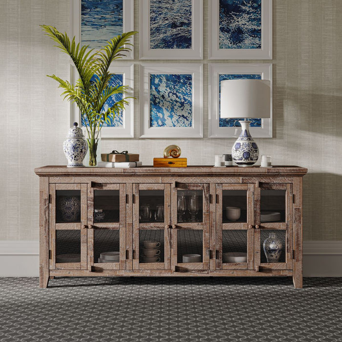 Jofran Rustic Shores 70" Coastal Distressed Acacia Six-Door Sideboard Cabinet in Grey Wash - Holmwood's Furniture & Design Center (Somersworth, NH)