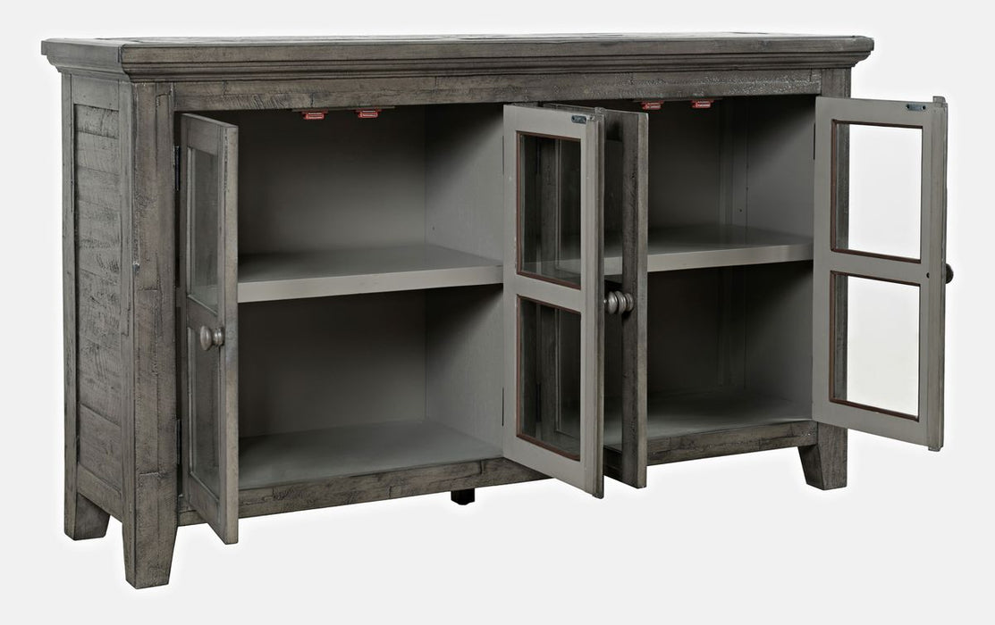 Jofran Rustic Shores 54" Coastal Distressed Acacia Four-Door Credenza Cabinet in Stone - Holmwood's Furniture & Design Center (Somersworth, NH)
