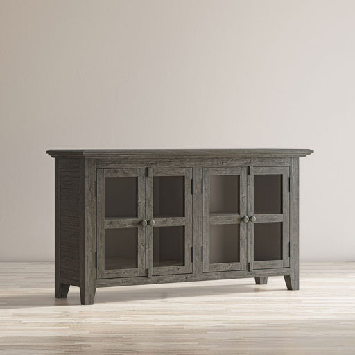 Jofran Rustic Shores 54" Coastal Distressed Acacia Four-Door Credenza Cabinet in Stone - Holmwood's Furniture & Design Center (Somersworth, NH)