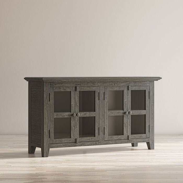 Jofran Rustic Shores 54" Coastal Distressed Acacia Four-Door Credenza Cabinet in Stone - Holmwood's Furniture & Design Center (Somersworth, NH)