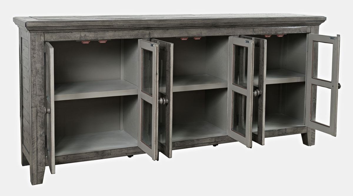 Jofran Rustic Shores 70" Coastal Distressed Acacia Six-Door Sideboard Cabinet in Stone - Holmwood's Furniture & Design Center (Somersworth, NH)