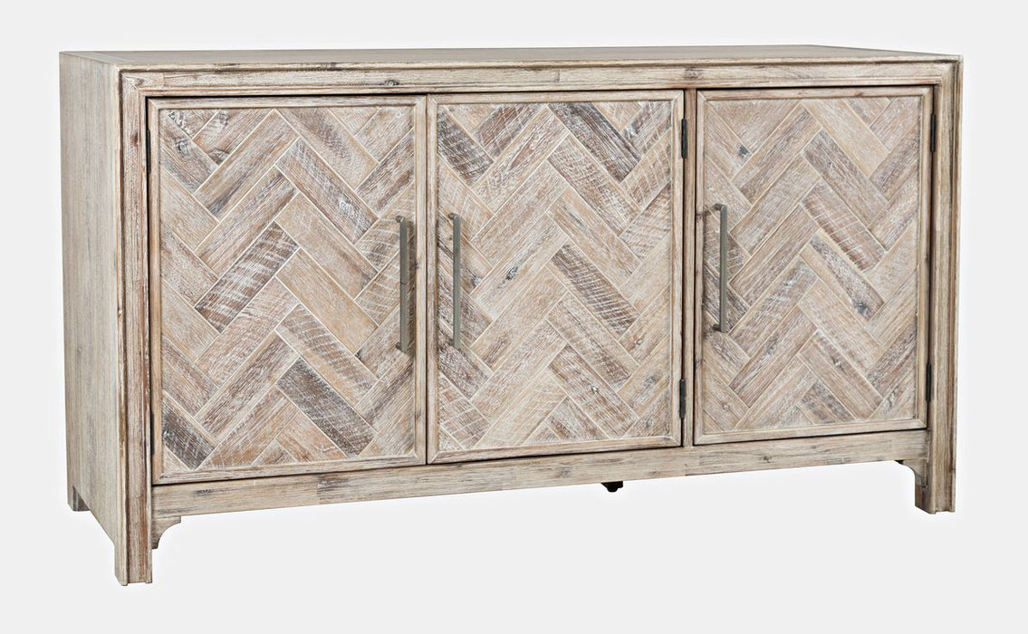 Jofran Gramercy Mid-Century Modern Chevron Three Door 60" Accent Cabinet in Grey Wash - Holmwood's Furniture & Design Center (Somersworth, NH)