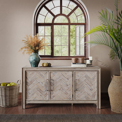 Jofran Gramercy Mid-Century Modern Chevron Three Door 60" Accent Cabinet in Grey Wash - Holmwood's Furniture & Design Center (Somersworth, NH)