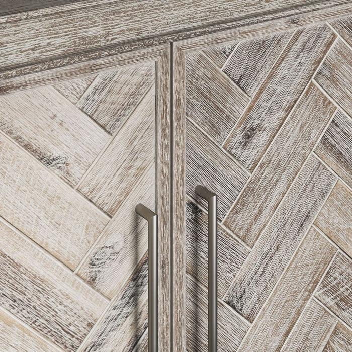 Jofran Gramercy Mid-Century Modern Chevron Four Door 79" Accent Cabinet in Grey Wash - Holmwood's Furniture & Design Center (Somersworth, NH)
